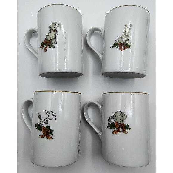 Fitz & Floyd 1982 Deck The Halls Christmas Mugs Set Of 4 Vintage Gold-Trimmed Po - Picture 3 of 10